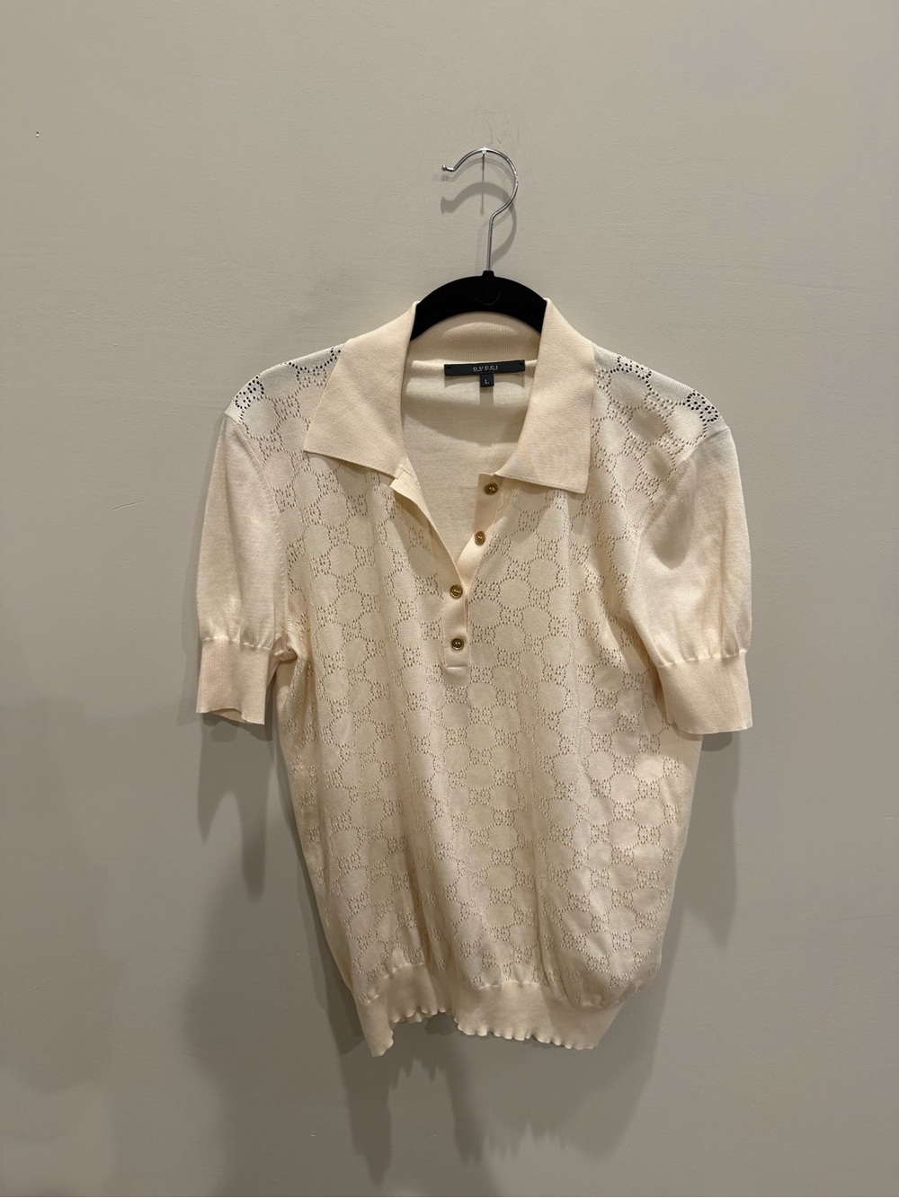 Gucci Ivory Short-Sleeve Knit Polo with Perforated GG Motif